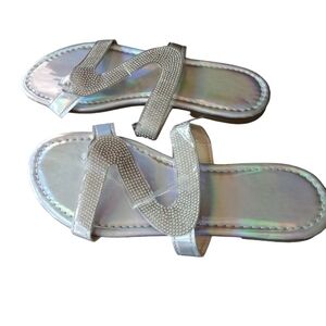 Silver Rhinestone Z Shaped Sandals Womens Size 38